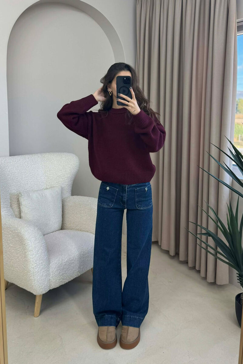 ROUND NECK ONE COLOR WOMEN SWEATER BURGUNDY/VISHNJE - 4