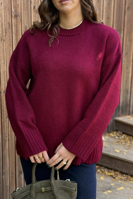 ROUND NECK ONE COLOR WOMEN SWEATER BURGUNDY/VISHNJE - 5