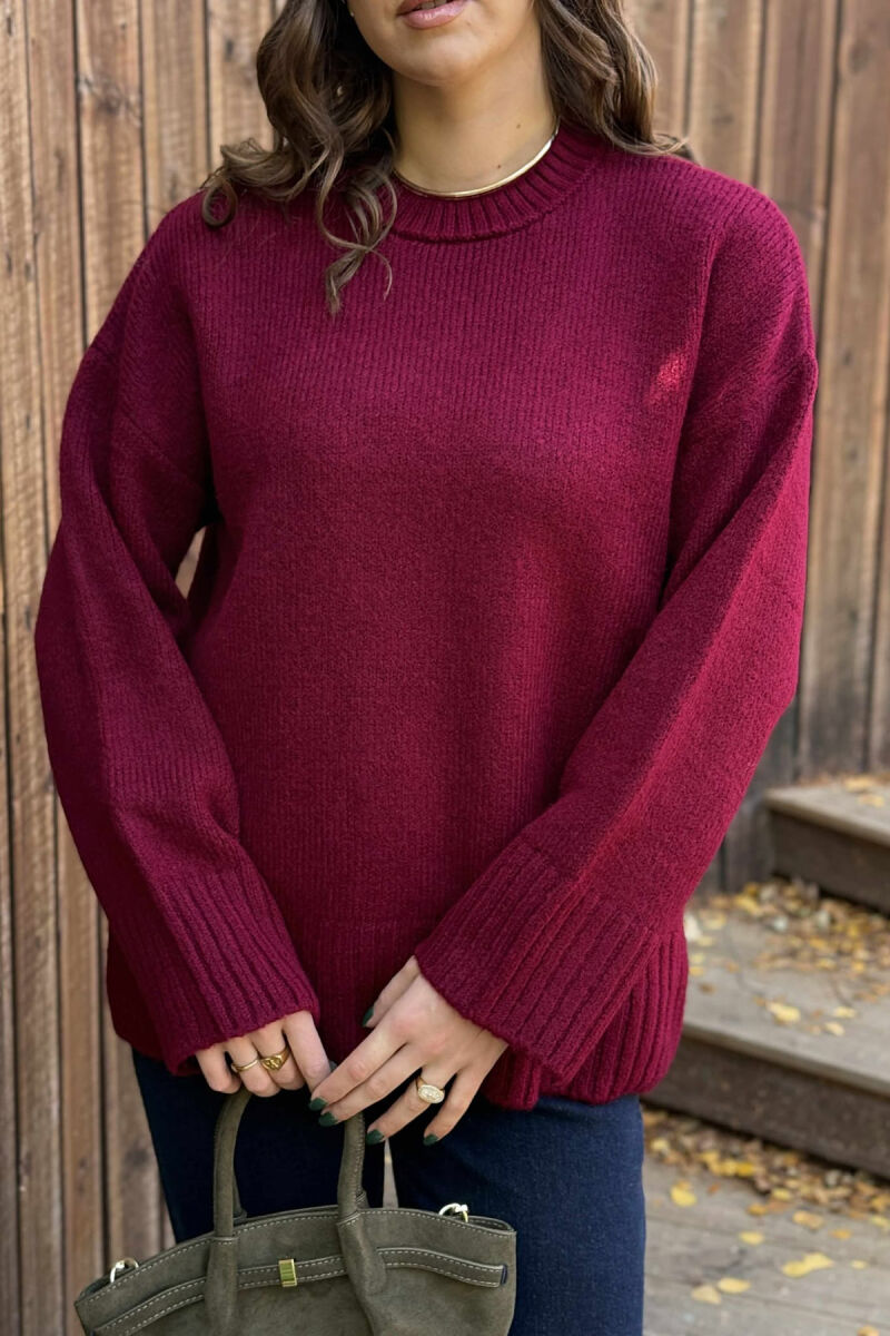 ROUND NECK ONE COLOR WOMEN SWEATER BURGUNDY/VISHNJE - 5