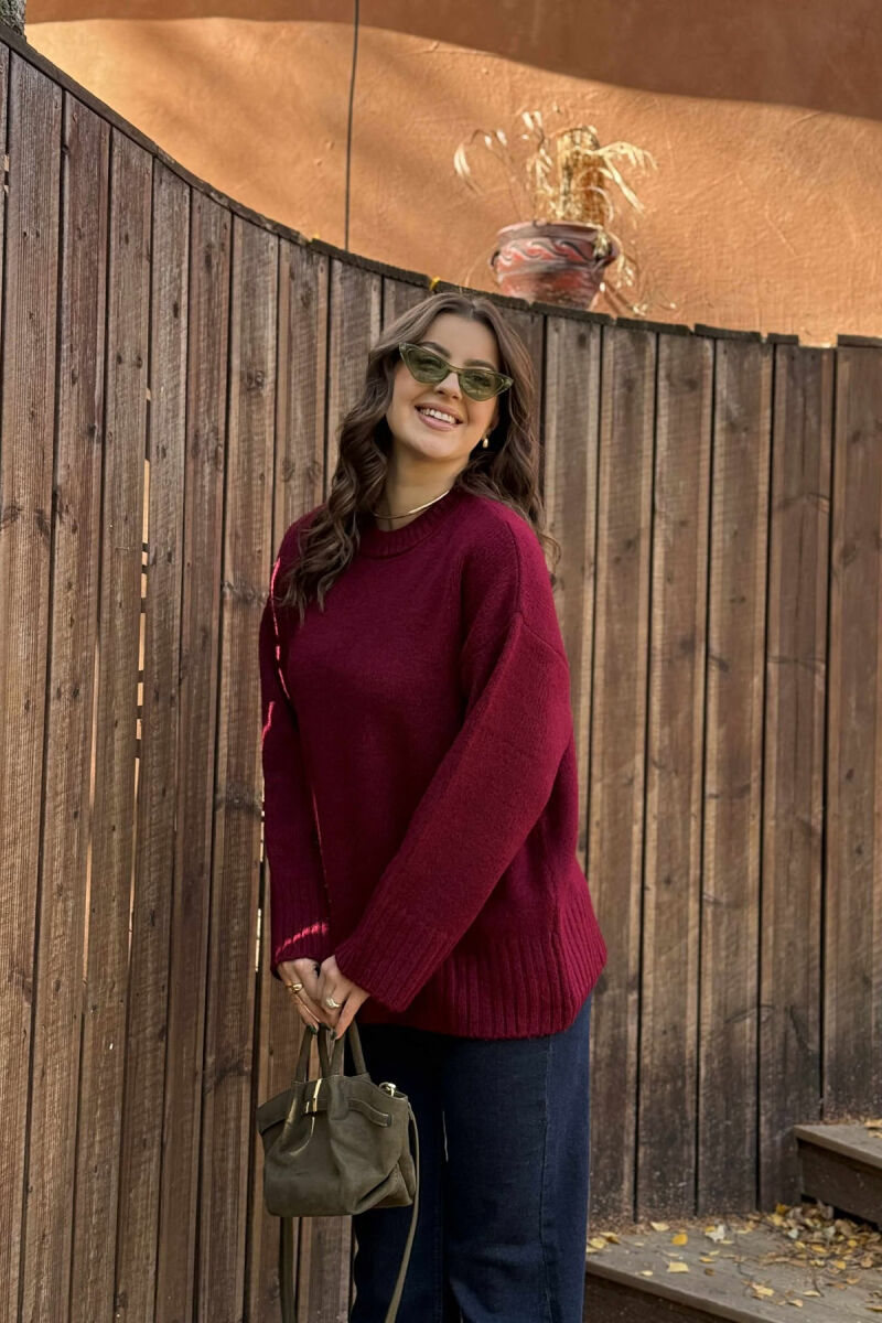 ROUND NECK ONE COLOR WOMEN SWEATER BURGUNDY/VISHNJE - 3