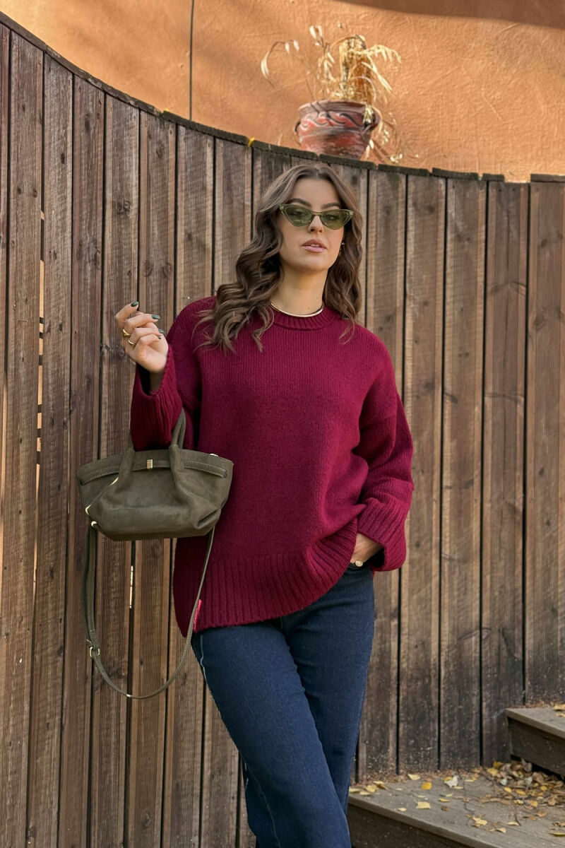 ROUND NECK ONE COLOR WOMEN SWEATER BURGUNDY/VISHNJE - 2
