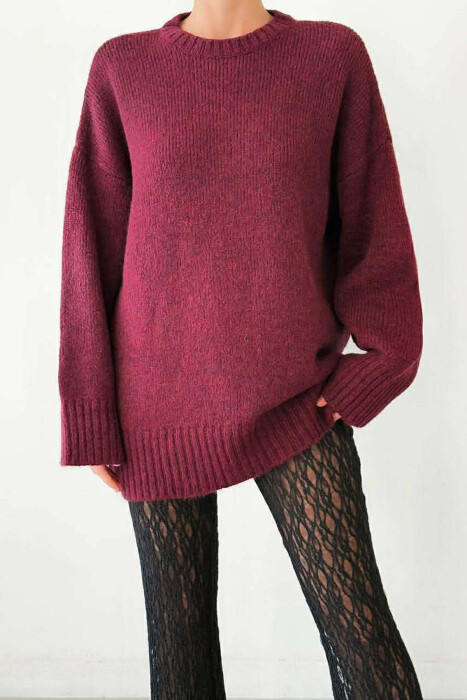 ROUND NECK ONE COLOR WOMEN SWEATER BURGUNDY/VISHNJE - KLAUDIO FASHION