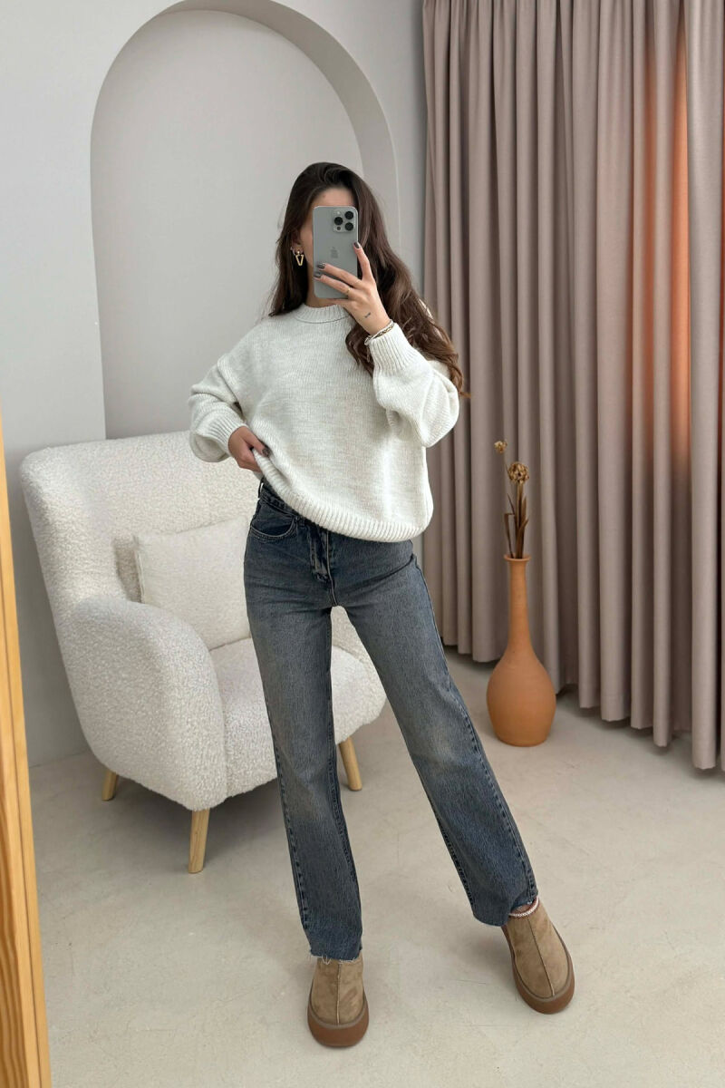 ROUND NECK ONE COLOR WOMEN SWEATER CREAM/KREM - 1