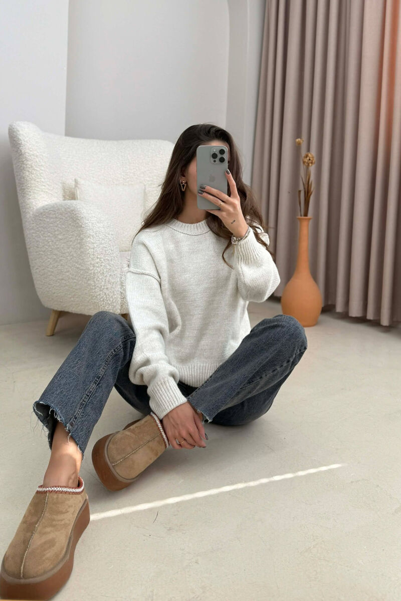 ROUND NECK ONE COLOR WOMEN SWEATER CREAM/KREM - 3