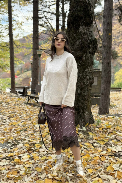 ROUND NECK ONE COLOR WOMEN SWEATER CREAM/KREM 