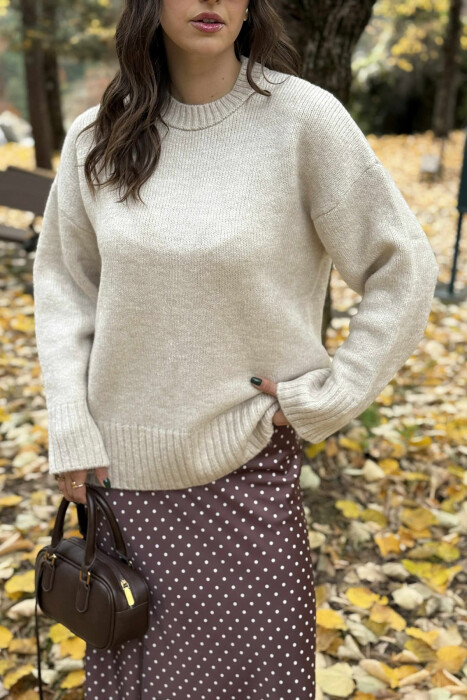 ROUND NECK ONE COLOR WOMEN SWEATER CREAM/KREM - 5