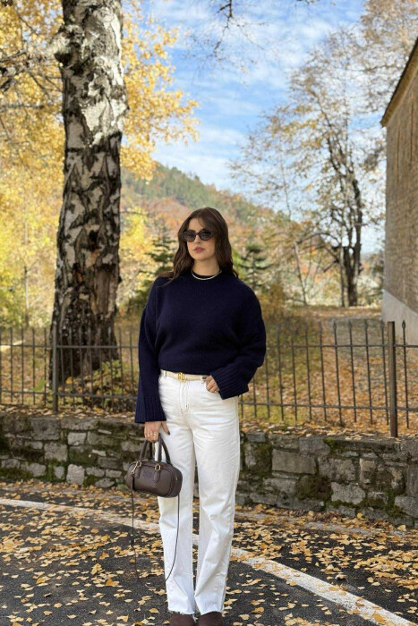 ROUND NECK ONE COLOR WOMEN SWEATER DARK BLUE/BEE - 3