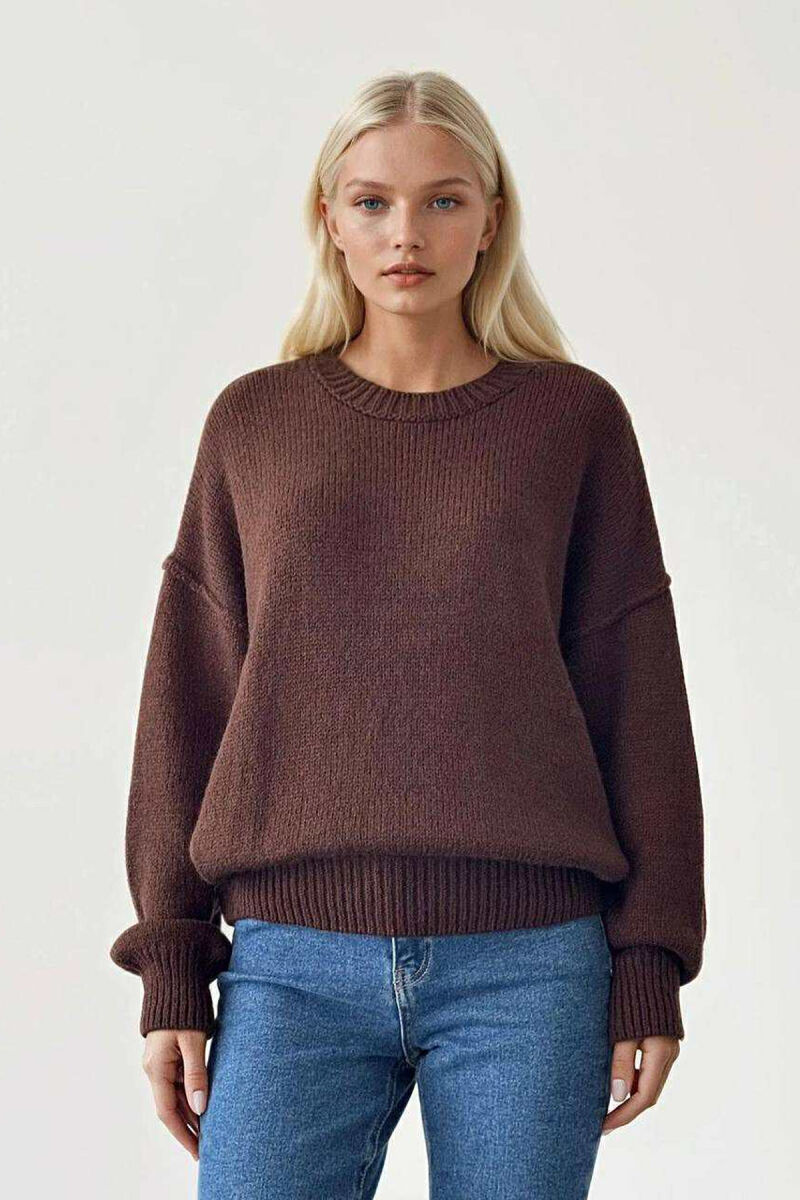 ROUND NECK ONE COLOR WOMEN SWEATER DARK BROWN/KAE - 1