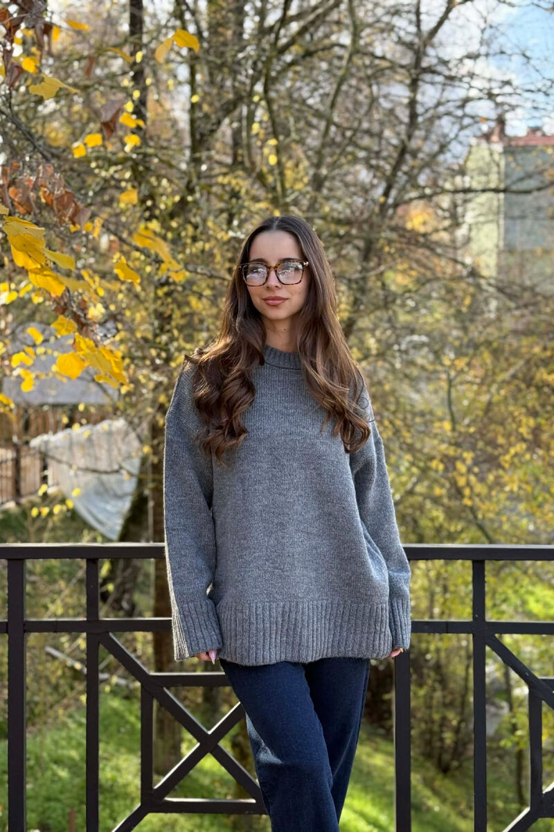 ROUND NECK ONE COLOR WOMEN SWEATER DARK GREY/GEE - 1