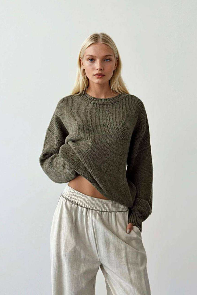 ROUND NECK ONE COLOR WOMEN SWEATER GREEN/JESHILE - 1