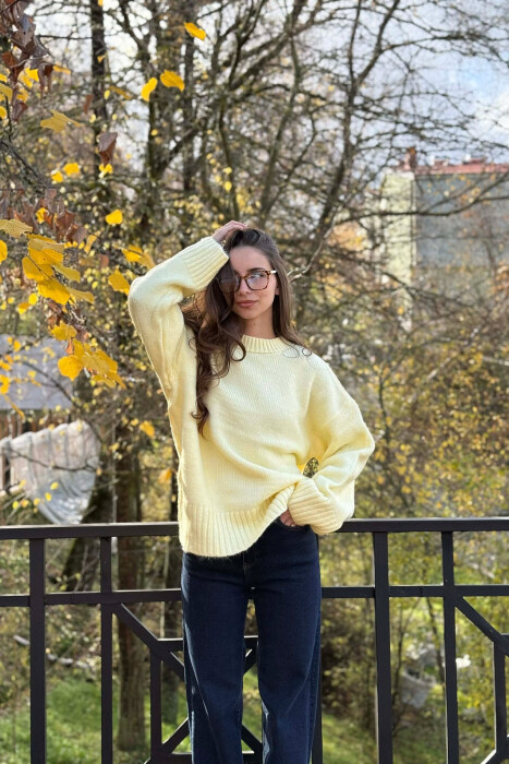 ROUND NECK ONE COLOR WOMEN SWEATER YELLOW/E VERDHE - 2