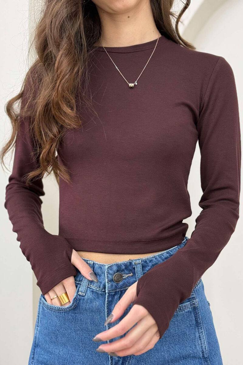 ROUND NECK ONE COLOR WOMEN SWEATSHIRT BROWN/KAFE - 1