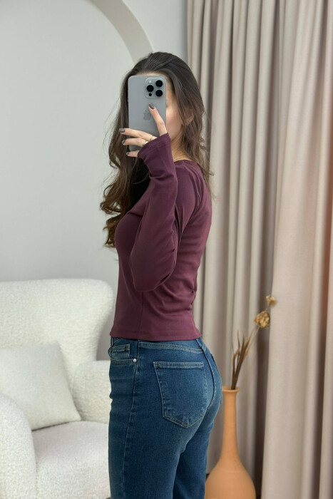 ROUND NECK ONE COLOR WOMEN SWEATSHIRT BURGUNDY/VISHNJE - 3