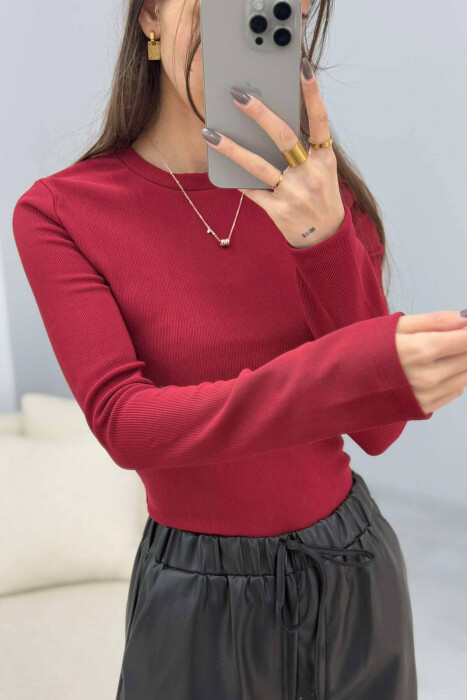 ROUND NECK ONE COLOR WOMEN SWEATSHIRT BURGUNDY/VISHNJE - 2