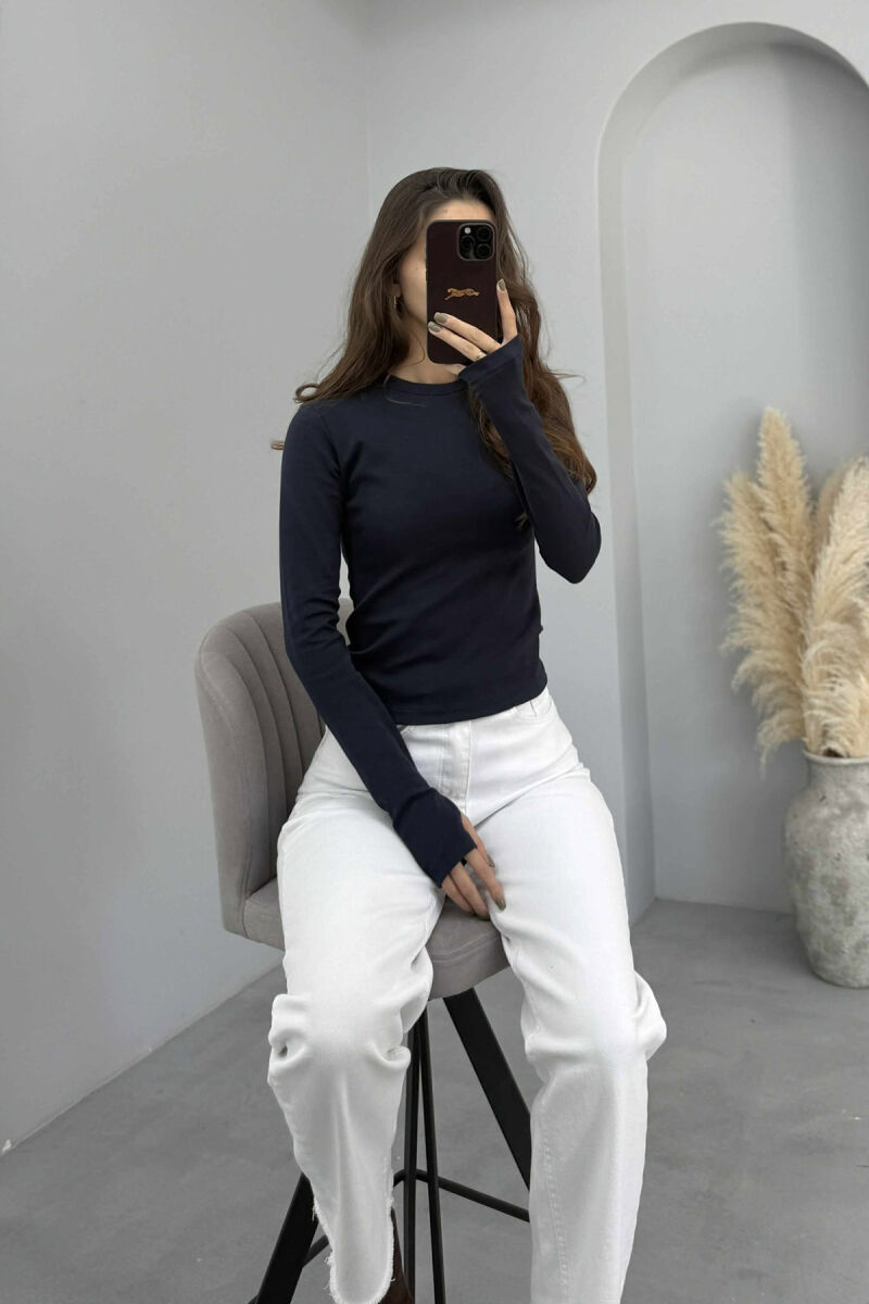 ROUND NECK ONE COLOR WOMEN SWEATSHIRT DARK BLUE/BEE - 1