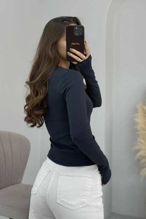 ROUND NECK ONE COLOR WOMEN SWEATSHIRT DARK BLUE/BEE - 2