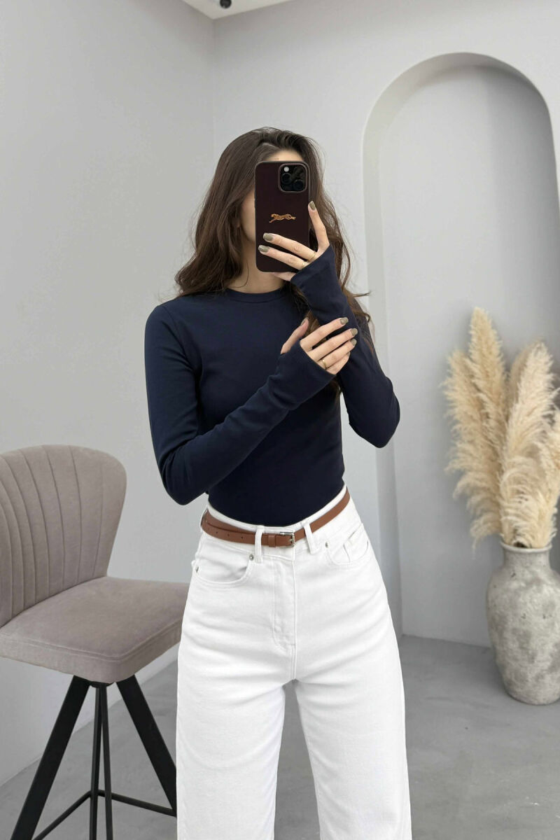 ROUND NECK ONE COLOR WOMEN SWEATSHIRT DARK BLUE/BEE - 4