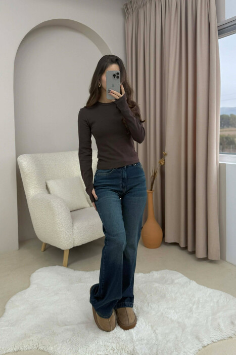 ROUND NECK ONE COLOR WOMEN SWEATSHIRT DARK BROWN/KAE 