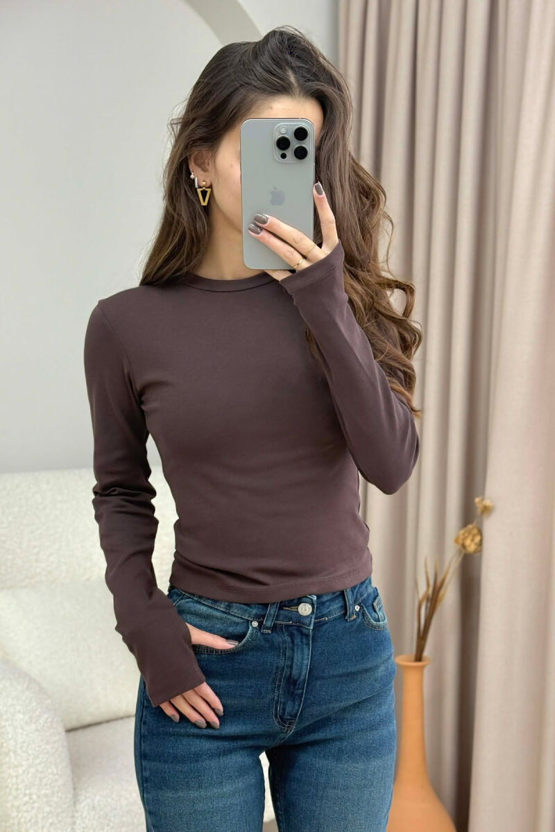 ROUND NECK ONE COLOR WOMEN SWEATSHIRT DARK BROWN/KAE - 3