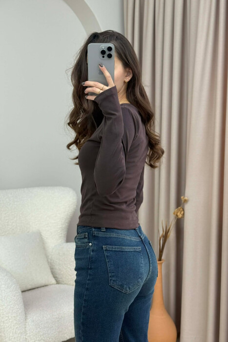 ROUND NECK ONE COLOR WOMEN SWEATSHIRT DARK BROWN/KAE - 4