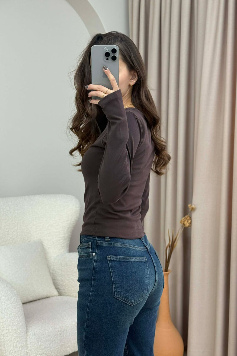 ROUND NECK ONE COLOR WOMEN SWEATSHIRT DARK BROWN/KAE - 4