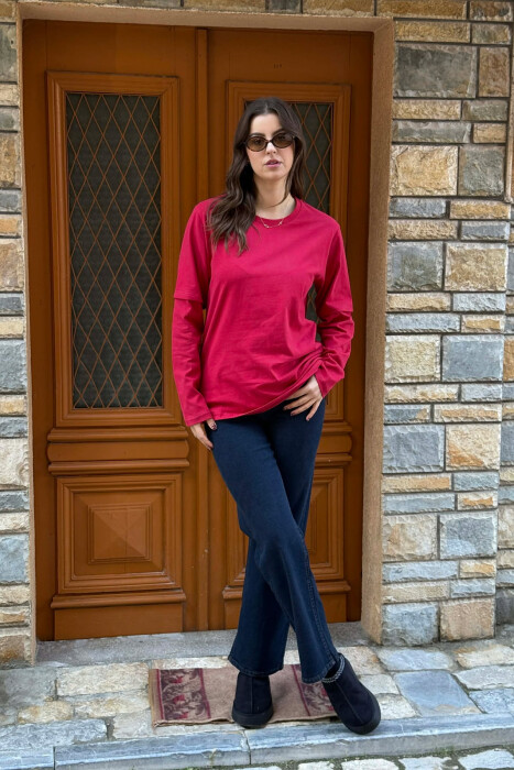 BLUZË NJË NGJYRËSHE ME JAKË TË RRUMBULLAKËT PËR FEMRA NË NGJYRË TË KUQE - KLAUDIO FASHION