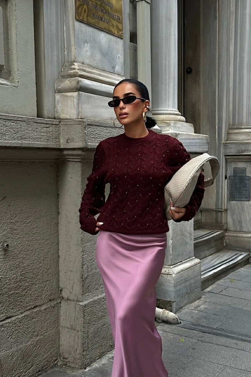 ROUND NECK PEARLS DESIGN WOMEN SWEATER BURGUNDY/VISHNJE - 1