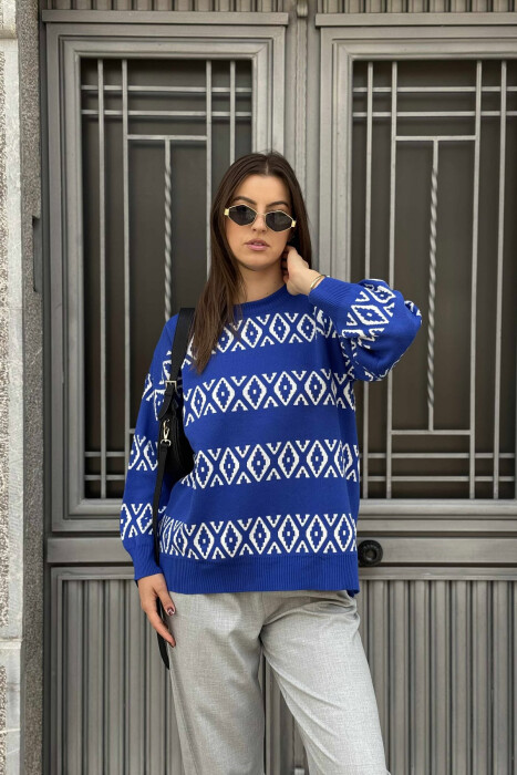 ROUND NECK RHOMBUS DESIGN WOMEN SWEATER BLUE/BLU - 2