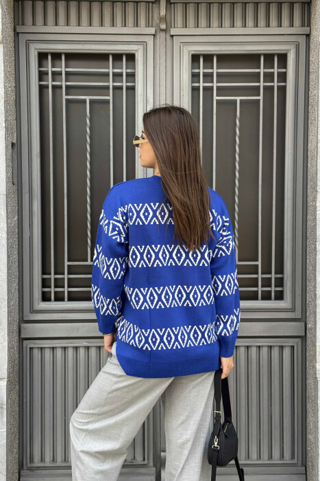 ROUND NECK RHOMBUS DESIGN WOMEN SWEATER BLUE/BLU - 3
