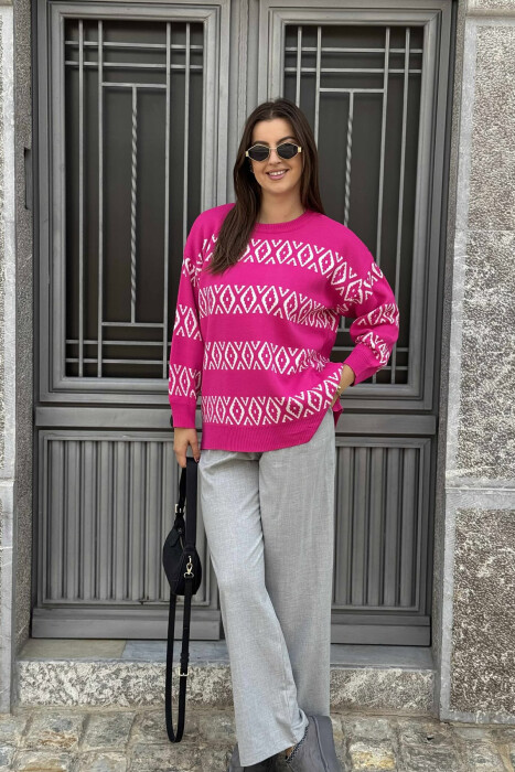 ROUND NECK RHOMBUS DESIGN WOMEN SWEATER FUCHSIA/CIKLAMI - 1