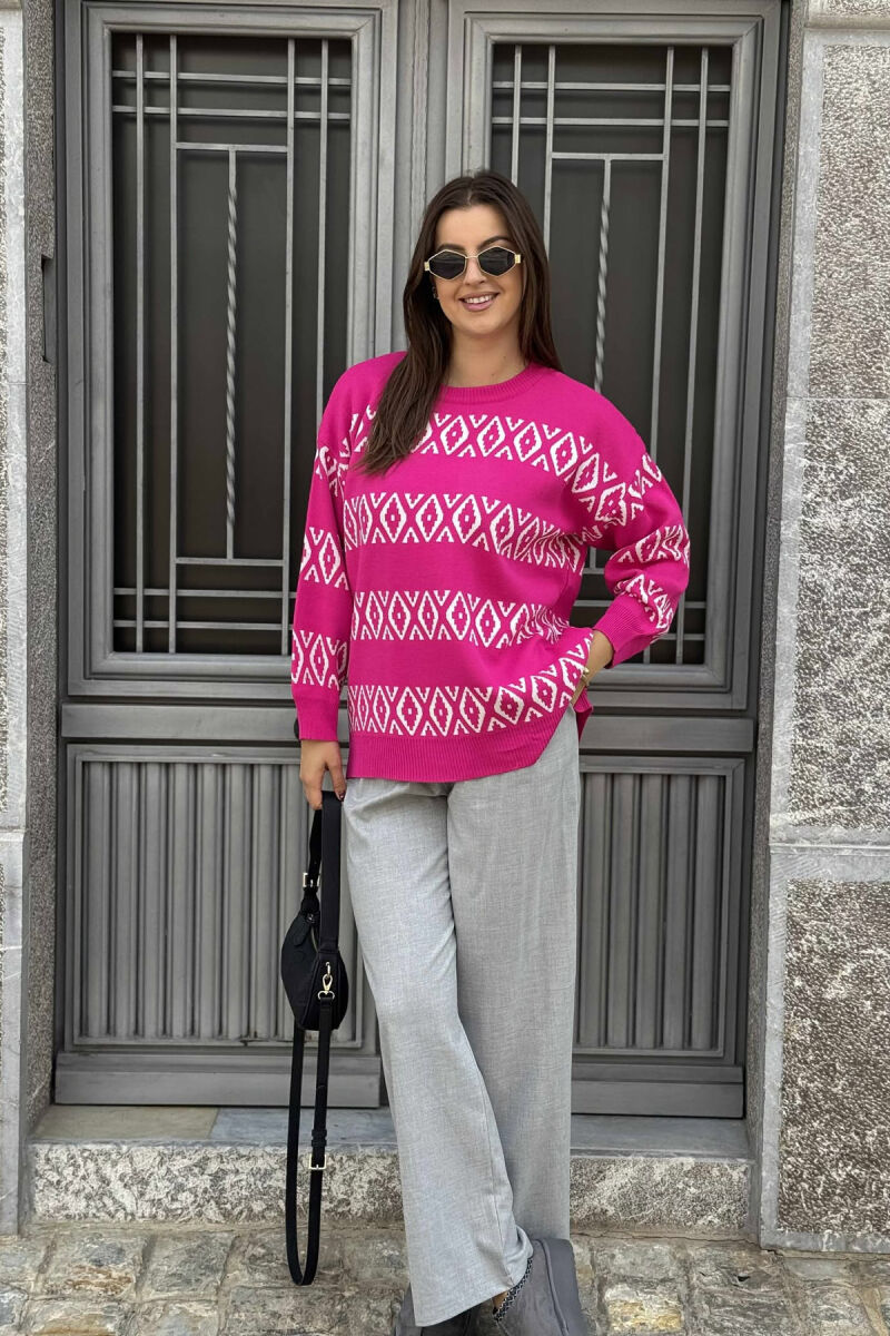 ROUND NECK RHOMBUS DESIGN WOMEN SWEATER FUCHSIA/CIKLAMI - 1