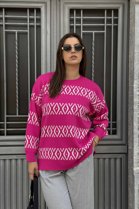 ROUND NECK RHOMBUS DESIGN WOMEN SWEATER FUCHSIA/CIKLAMI - 2