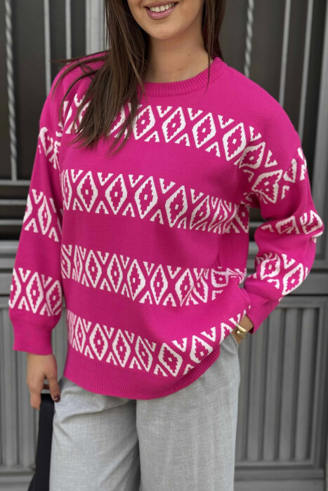 ROUND NECK RHOMBUS DESIGN WOMEN SWEATER FUCHSIA/CIKLAMI - 5