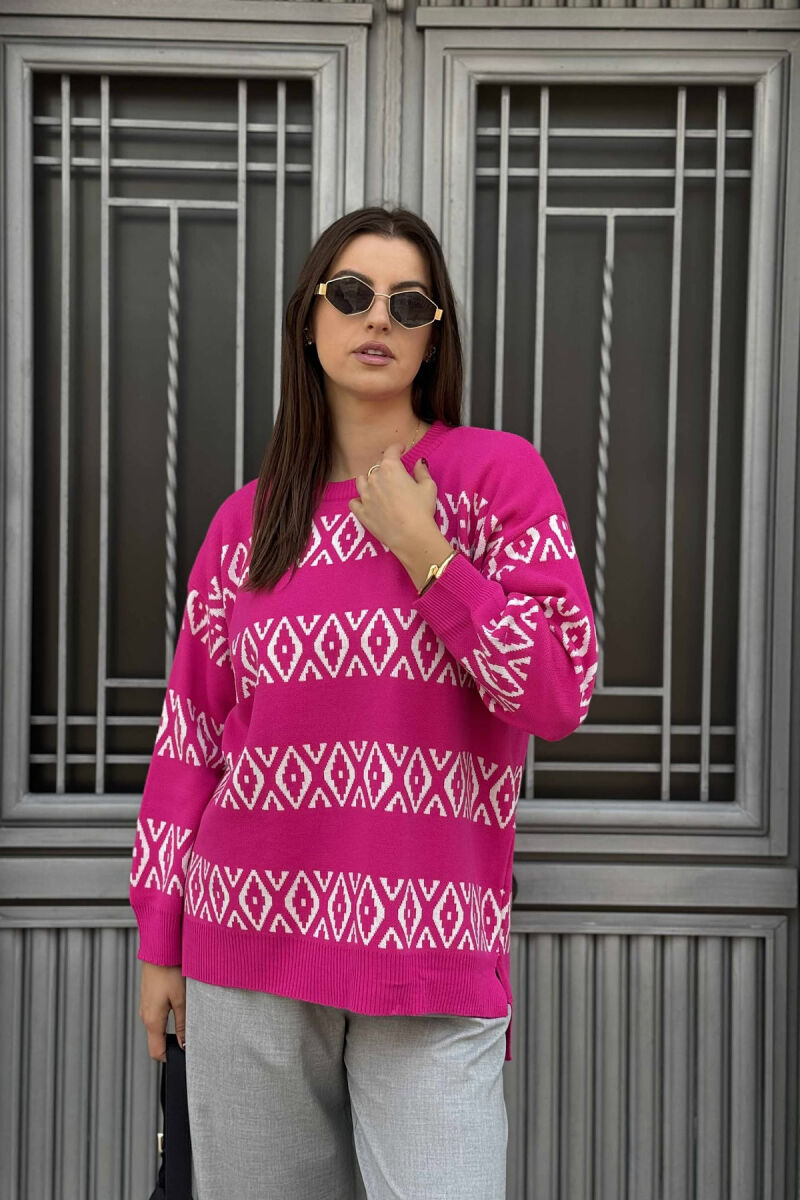 ROUND NECK RHOMBUS DESIGN WOMEN SWEATER FUCHSIA/CIKLAMI - 3