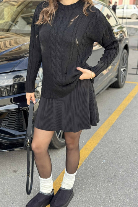 ROUND NECK RIPPED ONE COLOR WOMEN SWEATER BLACK/ E ZEZE - 4