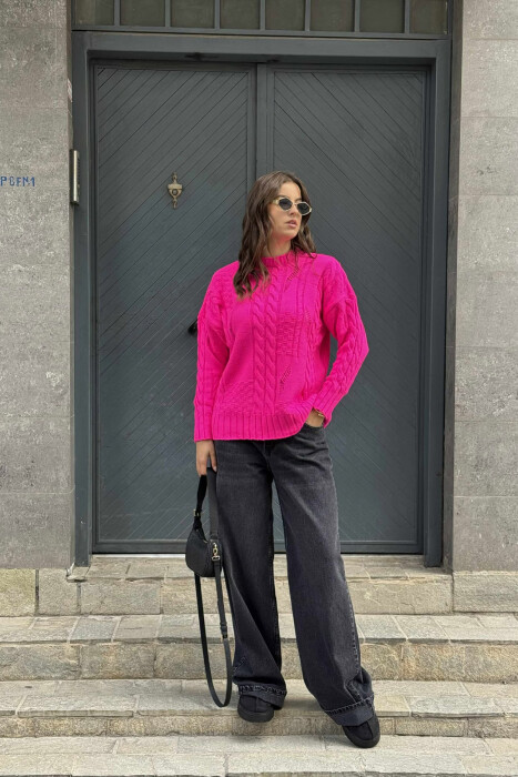 ROUND NECK RIPPED ONE COLOR WOMEN SWEATER FUCHSIA/CIKLAMI - 