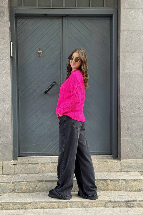 ROUND NECK RIPPED ONE COLOR WOMEN SWEATER FUCHSIA/CIKLAMI - 2