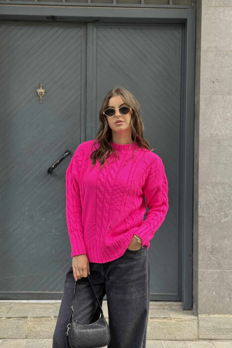 ROUND NECK RIPPED ONE COLOR WOMEN SWEATER FUCHSIA/CIKLAMI - 3