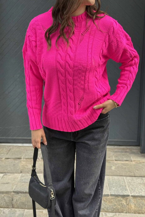 ROUND NECK RIPPED ONE COLOR WOMEN SWEATER FUCHSIA/CIKLAMI - 4