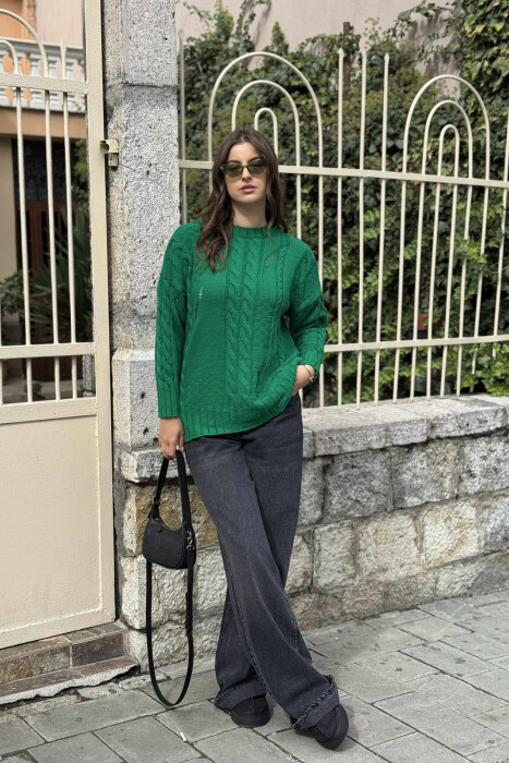 ROUND NECK RIPPED ONE COLOR WOMEN SWEATER GREEN/JESHILE 