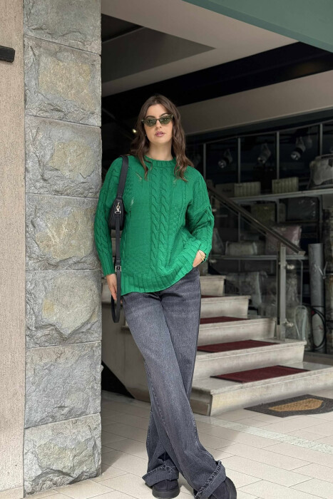 ROUND NECK RIPPED ONE COLOR WOMEN SWEATER GREEN/JESHILE - 2