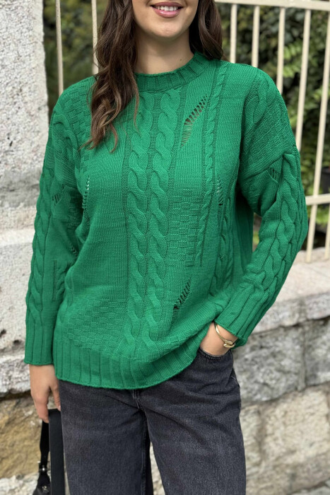 ROUND NECK RIPPED ONE COLOR WOMEN SWEATER GREEN/JESHILE - 7