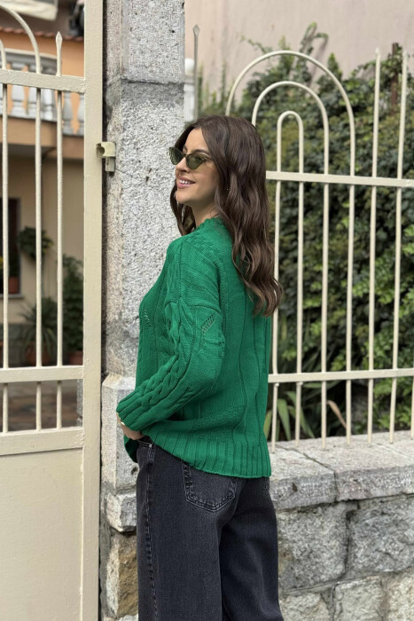 ROUND NECK RIPPED ONE COLOR WOMEN SWEATER GREEN/JESHILE - 6