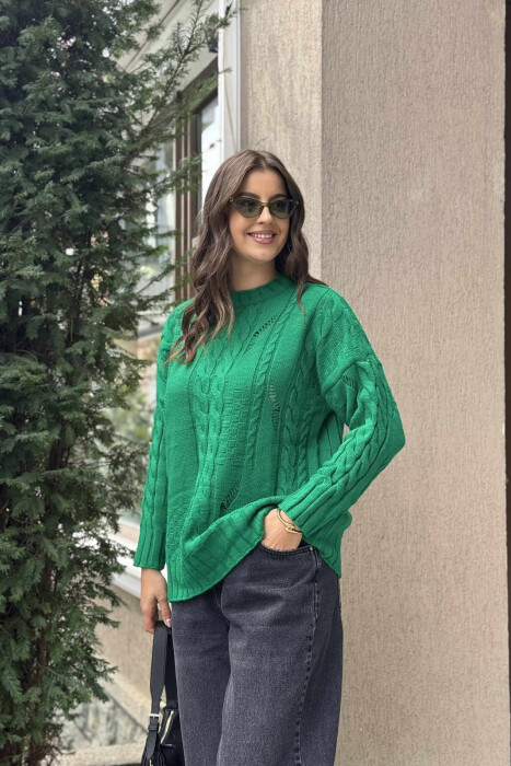 ROUND NECK RIPPED ONE COLOR WOMEN SWEATER GREEN/JESHILE - 5