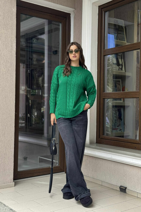 ROUND NECK RIPPED ONE COLOR WOMEN SWEATER GREEN/JESHILE - 3