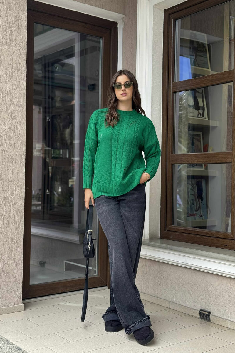 ROUND NECK RIPPED ONE COLOR WOMEN SWEATER GREEN/JESHILE - 3