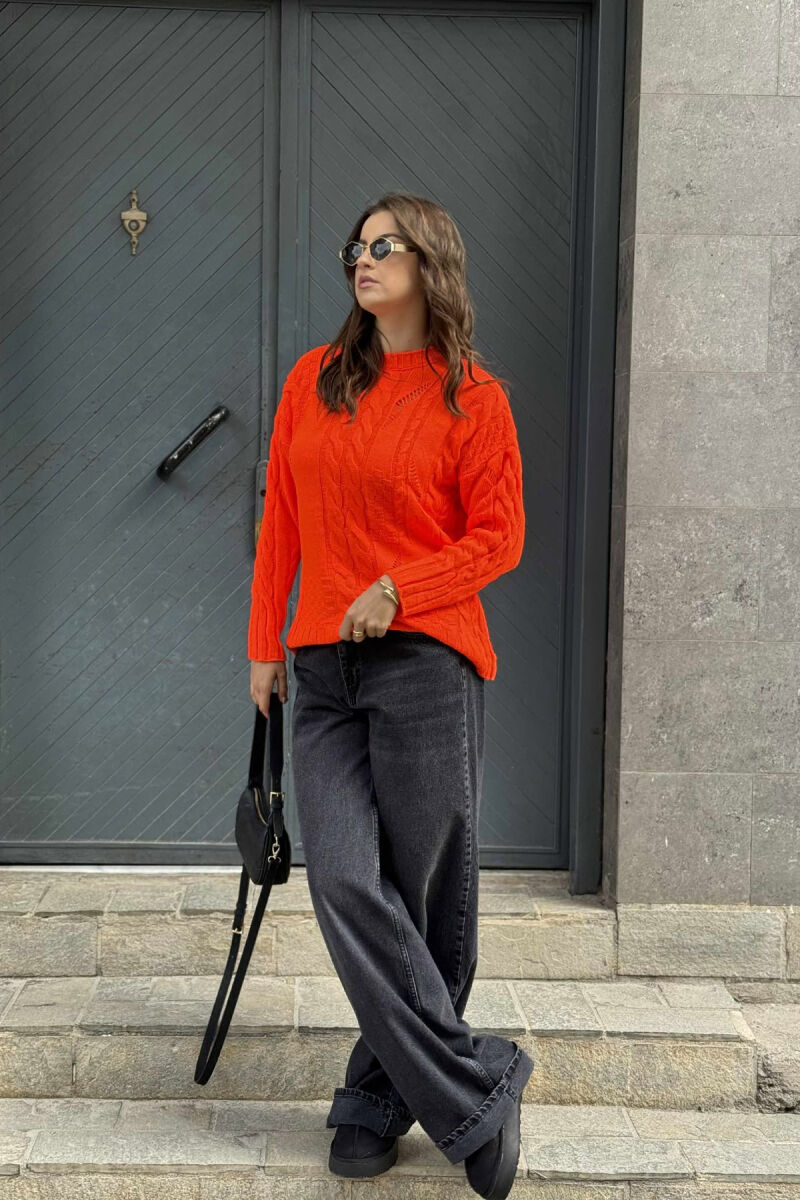 ROUND NECK RIPPED ONE COLOR WOMEN SWEATER ORANGE/PORTOKALLI - 1
