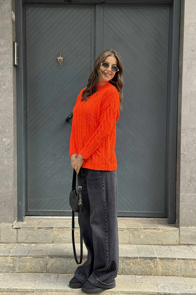 ROUND NECK RIPPED ONE COLOR WOMEN SWEATER ORANGE/PORTOKALLI - 2