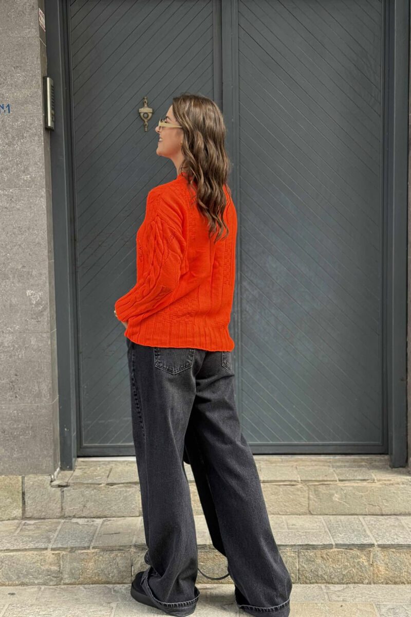 ROUND NECK RIPPED ONE COLOR WOMEN SWEATER ORANGE/PORTOKALLI - 3