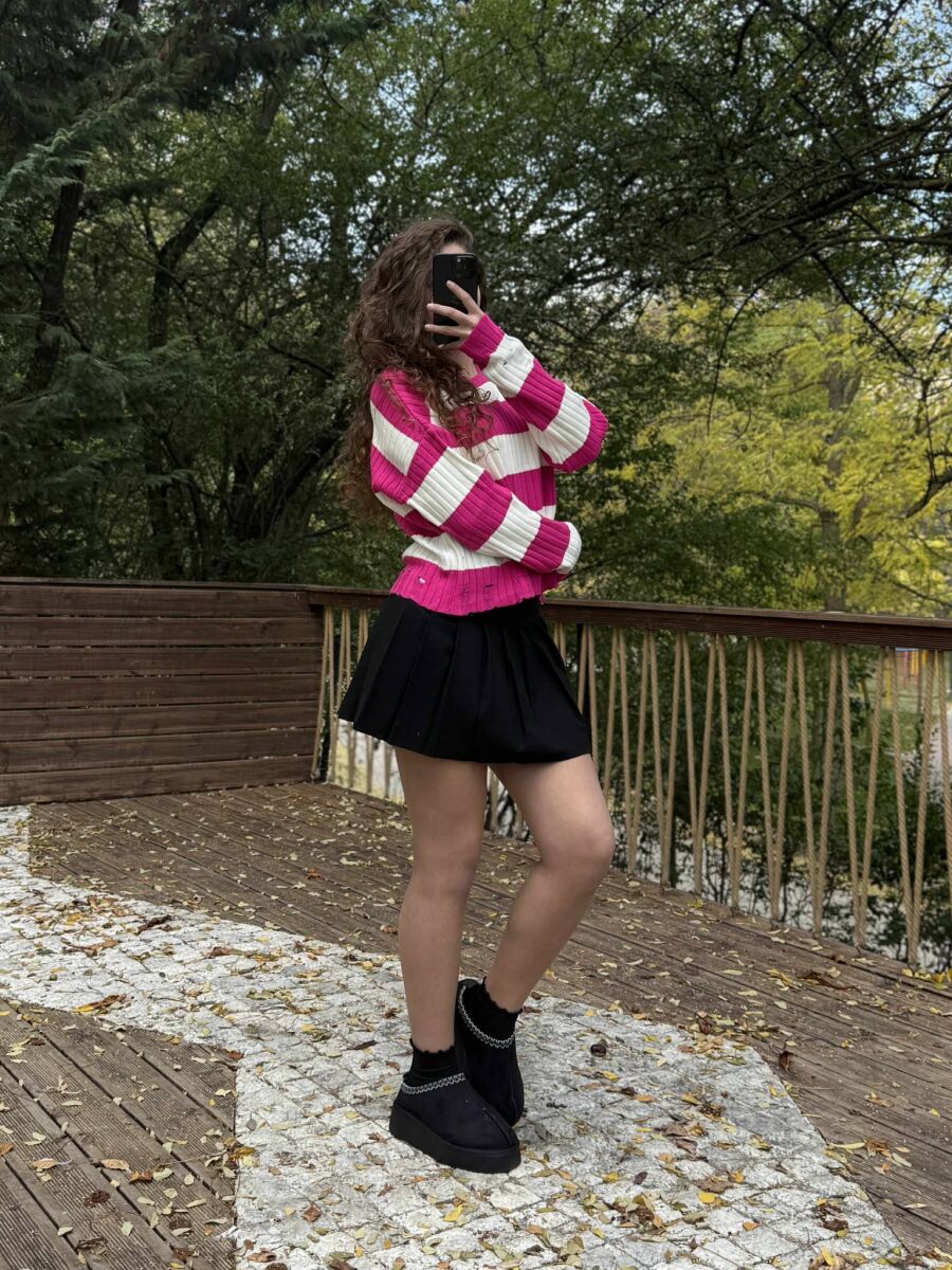 ROUND NECK SCRATCHES STRIPED WOMEN SWEATER FUCHSIA-WHITE/CIK-BA - 2